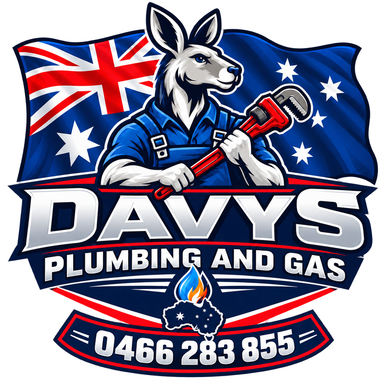 Davys Plumbing and Gas Australian kangaroo and pipe wrench emblem